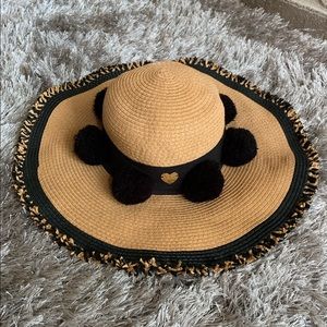 Betsey Johnson Straw Beach Hat Black Pom Pom